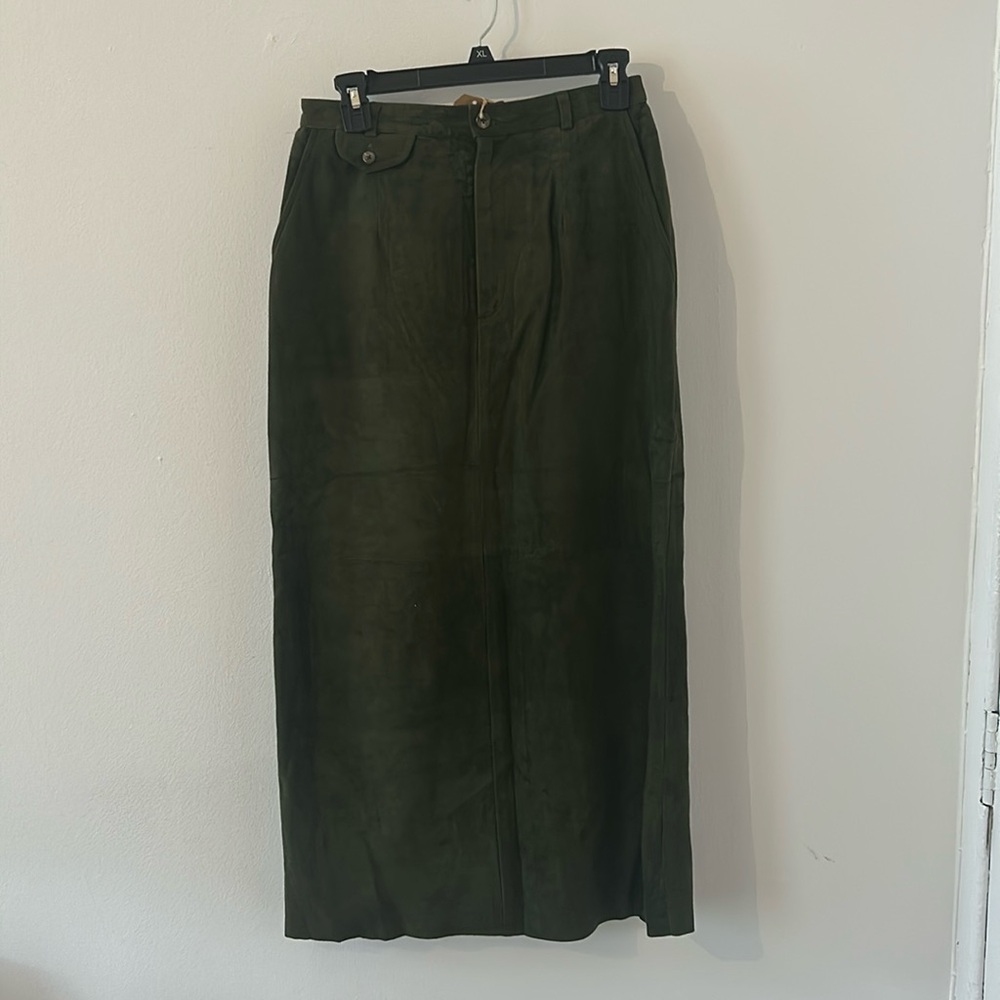 Ralph Lauren Blue Label Hunter Green Long Suede Leather Maxi Skirt Size 8